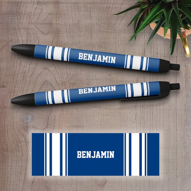Caneta Preta Blue and White Stripes de Esporte Jersey Personali (Personalized Writing Pens - add your name, monogram or other text)
