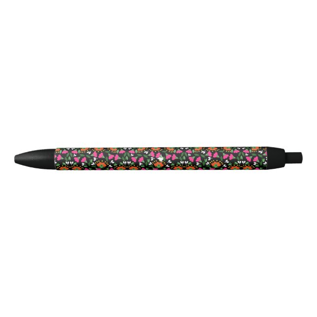 Caneta Preta Boho Floral Laranja Cor-de-Rosa Preto (Frente)