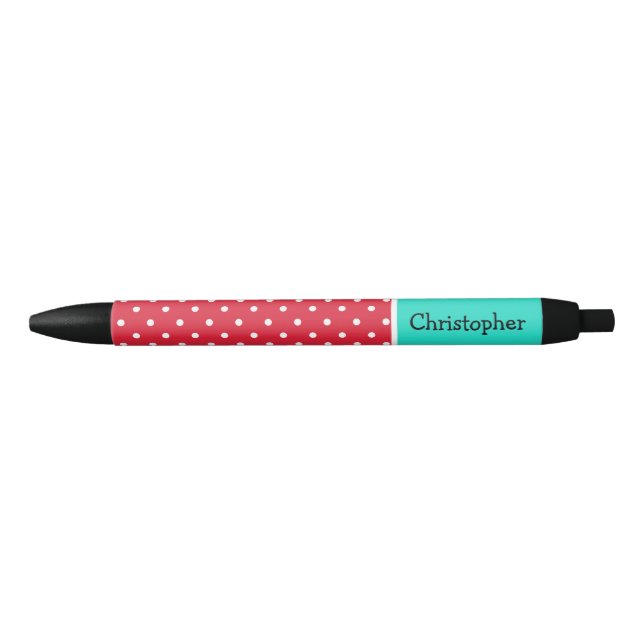 Caneta Preta Bolinhas em Vermelho e Branco e Teal Personalizada (Frente)