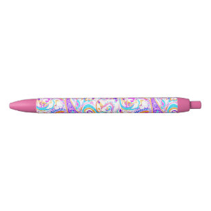 Caneta Preta Bonito desenho paisley colorido branco