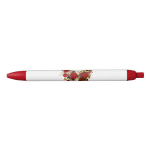 Caneta Preta Borboleta de flor vermelha com rosas vermelhas
