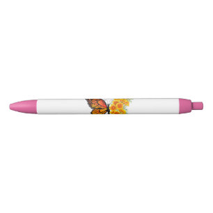 Caneta Preta Borboleta Flor com Amapola da Califórnia Amarela