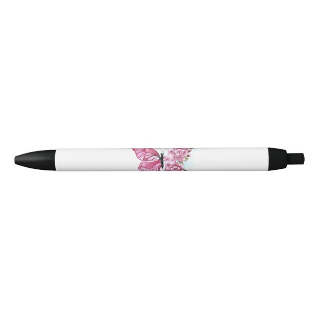 Caneta Preta Borboleta Flor com Sakura Rosa (Frente)