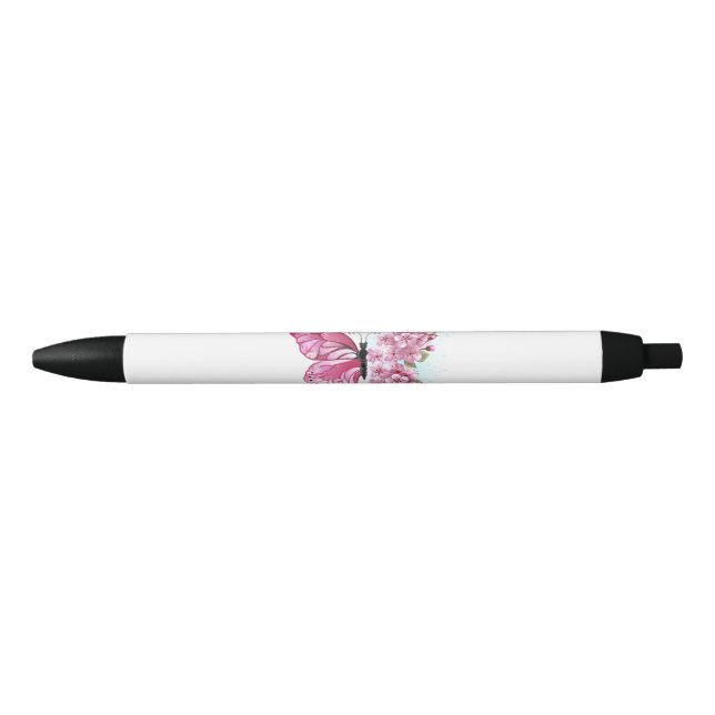 Caneta Preta Borboleta Flor com Sakura Rosa (Frente)