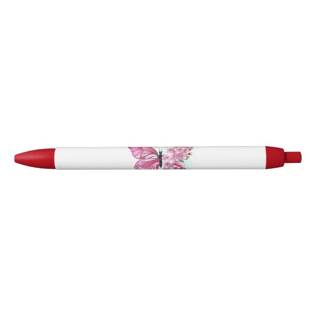 Caneta Preta Borboleta Flor com Sakura Rosa (Frente)