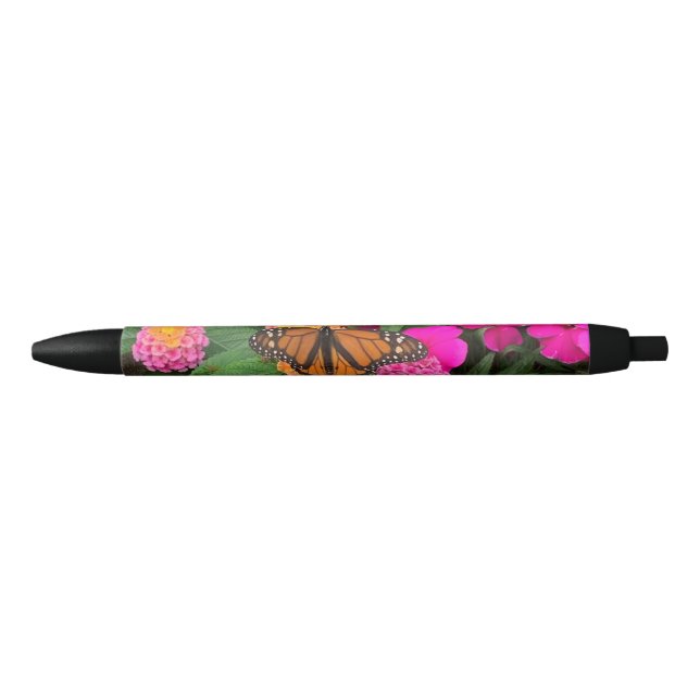 Caneta Preta Borboleta Monarca e Flores Rosas (Frente)