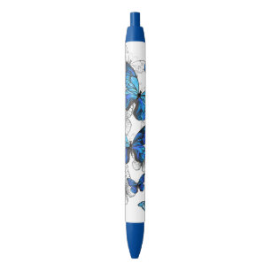 Caneta Preta Borboletas Azuis Morpho