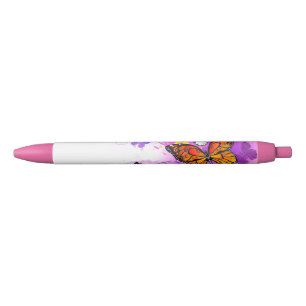 Caneta Preta Borboletas Monarcas em Fundo Roxo