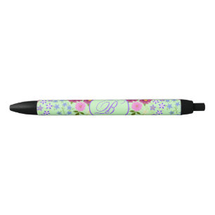 Caneta Preta Buquê de Flores Monograma Turquesa