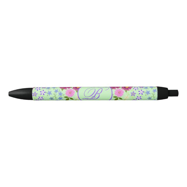 Caneta Preta Buquê de Flores Monograma Turquesa (Frente)