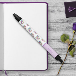 Caneta Preta Cachorro fofo sentado em livros e flores feminino