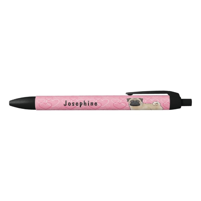 Caneta Preta Cachorro Pug Cor de Veado Padrão de Corações Rosa  (parte de cima)