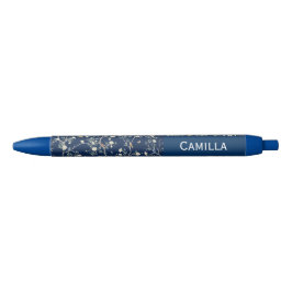 Caneta Preta Camellia Flowers Navy Blue Custom Name