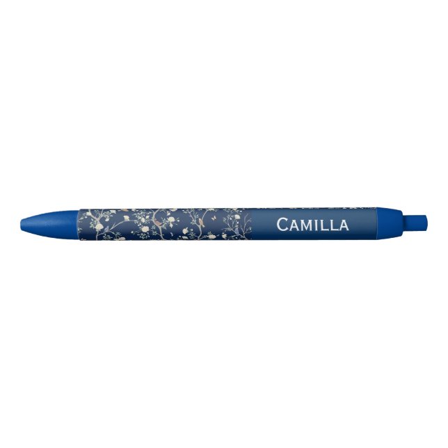 Caneta Preta Camellia Flowers Navy Blue Custom Name  (Frente)