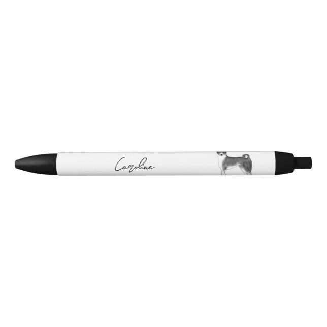 Caneta Preta Cão Basenji Preto e Branco Com Nome Personalizado (Frente)