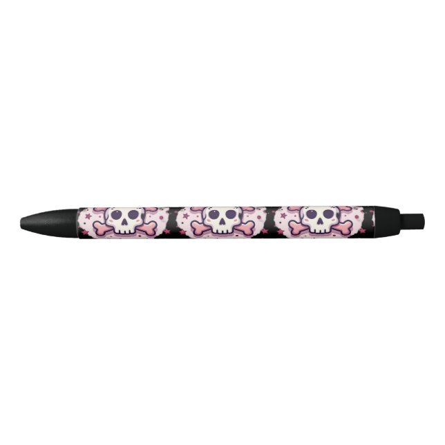 Caneta Preta Caveira e Ossos Cruzados Rosa Pastel (Frente)