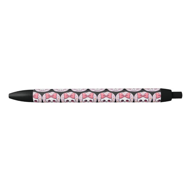 Caneta Preta Caveira Pastel Goth com Laço (Frente)