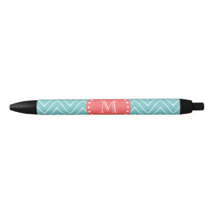 Caneta Preta Cerceta e Chevron coral com monograma feito sob