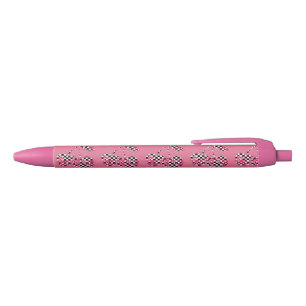 Caneta Preta Cerejas Grandes com Xadrez e Corações Cor-de-Rosa