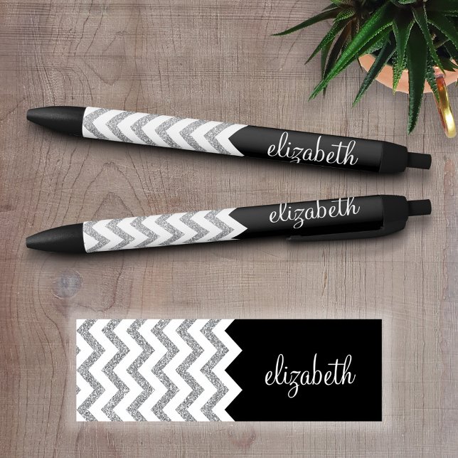 Caneta Preta Chevrons e nome do Impressão de brilho preto e pra (Personalized Writing Pens - add your name, monogram or other text)