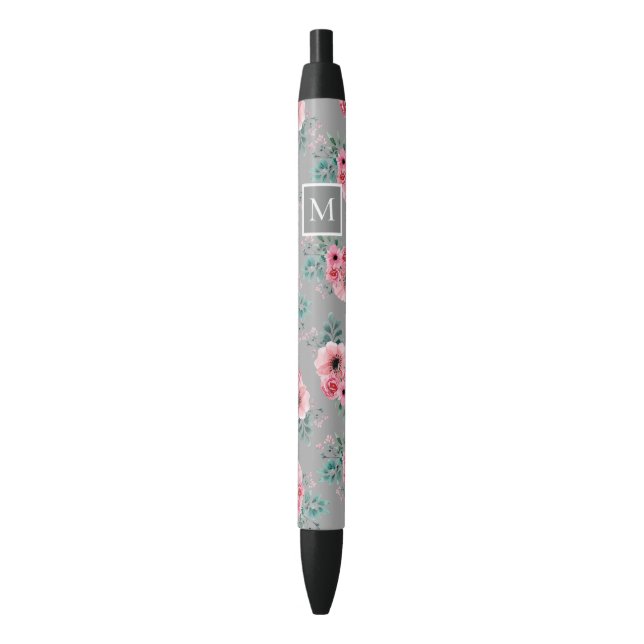 Caneta Preta Cinza | Quic Watercolor Monograma Floral (Frente Vertical)