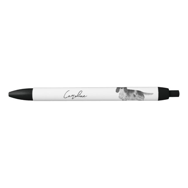Caneta Preta Cocker Spaniel em Preto e Branco & Texto Personali (Frente)