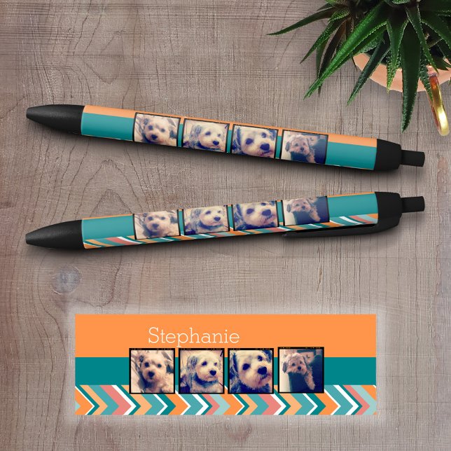 Caneta Preta Colagem de Fotos com Chevrons Laranja e Teal (Personalized Writing Pens - add your name, monogram or other text)