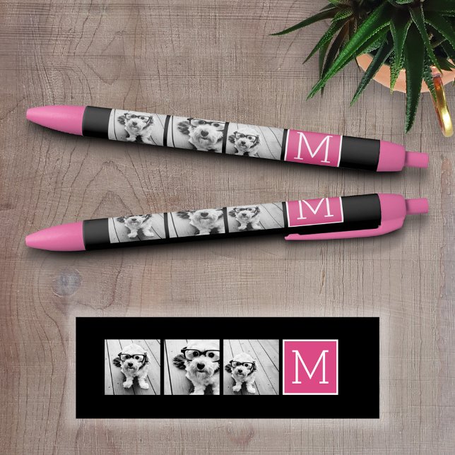 Caneta Preta Colagem de Fotos de Tendência Preta e Rosa com Mon (Custom Pen - Personalize this writing pen with photos, your name, monogram or other text)