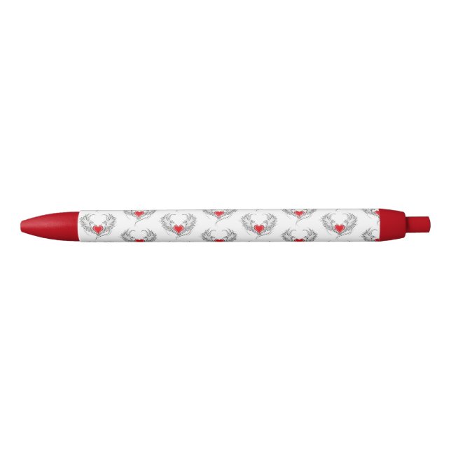 Caneta Preta Coração Anjo Vermelho com asas (Frente)