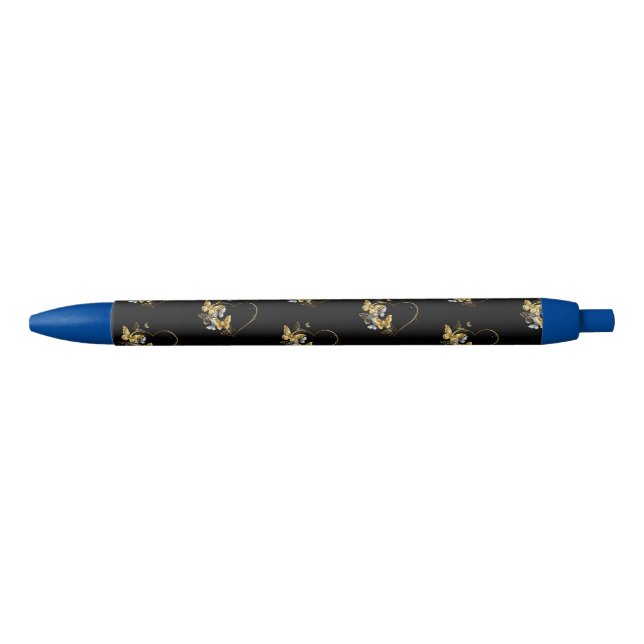 Caneta Preta Coração com Borboletas Ouros (Frente)