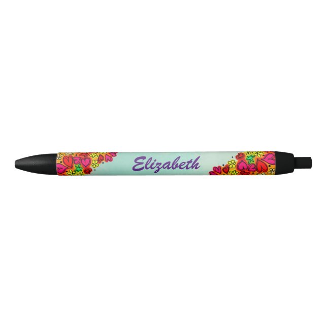 Caneta Preta Corações e Flores de Dodle Desenhados à Mão Bonita (Frente)