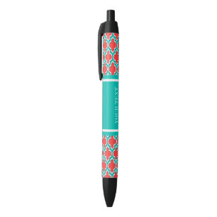 Caneta Preta Coral Red, Teal Marroquino #4DS Nome Teal Monogram
