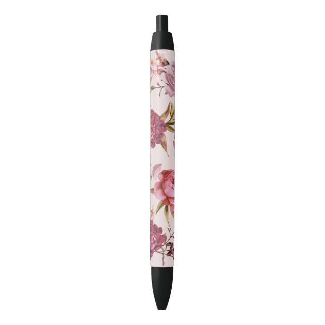 Caneta Preta Coram os rosas florais da aguarela cor-de-rosa e (Frente Vertical)