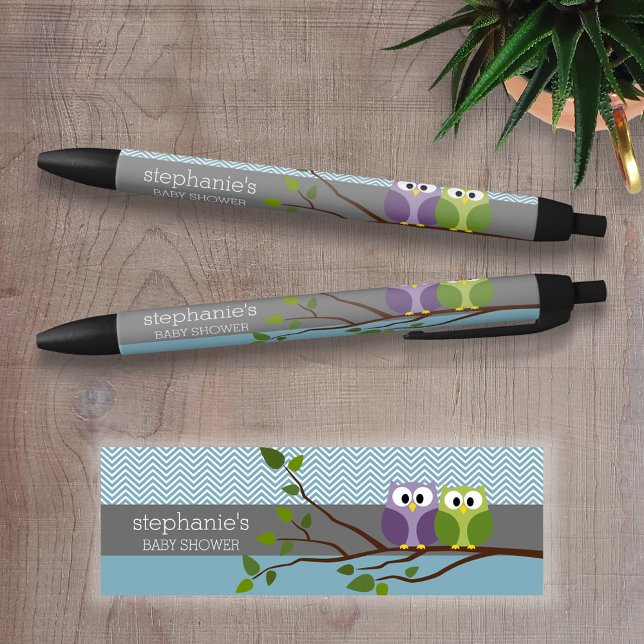 Caneta Preta Coruja-branca no ramo - Chá do bebê azul (Personalized Writing Pen )