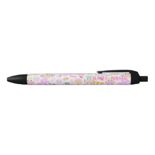 Caneta Preta Coruja Rosa Pastel