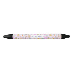 Caneta Preta Coruja Rosa Pastel  