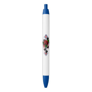 Caneta Preta Cruz de Prata com Rosa vermelha