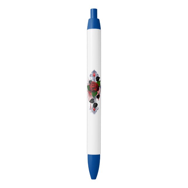 Caneta Preta Cruz de Prata com Rosa vermelha (Frente Vertical)
