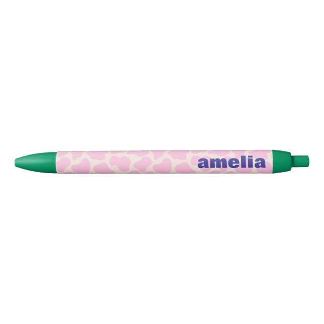 Caneta Preta Cute Cow Animal Print Pattern Pink Green Name (Frente)