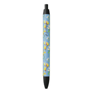 Caneta Preta Delicar flores silvestres em aquarelas azuis