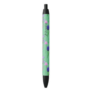 Caneta Preta Delicar flores silvestres em aquarelas da menta