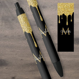 Caneta Preta Dourada Glitter Drives Monograma Elegante Girly Sc