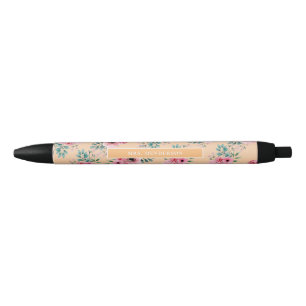 Caneta Preta Dourado Chic Watercolor Floral Personalizado
