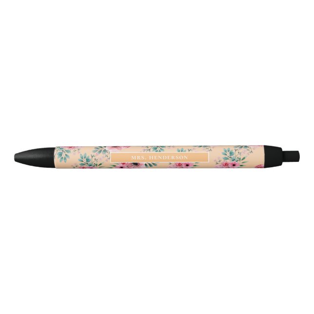 Caneta Preta Dourado | Chic Watercolor Floral Personalizado (Frente)