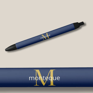 Caneta Preta Dourado Profundo Monograma Nome Personalizado Luxo