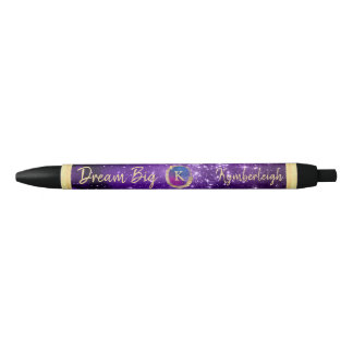 Caneta Preta Dream Big Purple Galaxy Glam Dourado Nome Monogram