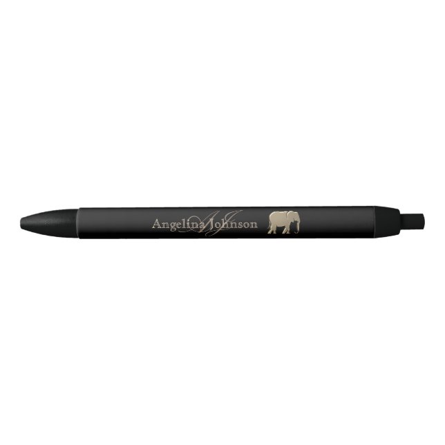 Caneta Preta Elefante Dourado e Monograma Preto (Frente)