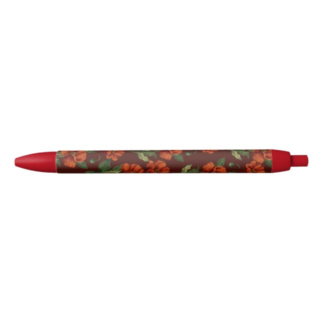 Caneta Preta Elegant Botanical Crimson Poppies (Frente)