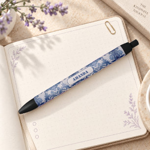 Caneta Preta Elegante damasco Azul monograma toile de jouy