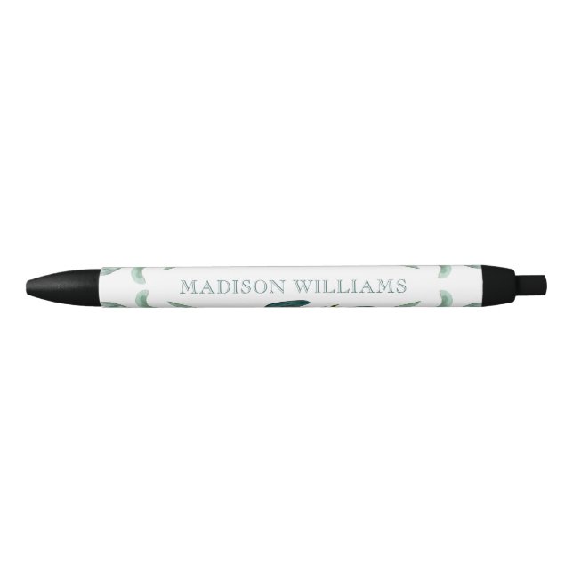 Caneta Preta Elegante Eucalyptus Greenery Nome Personalizado (Frente)